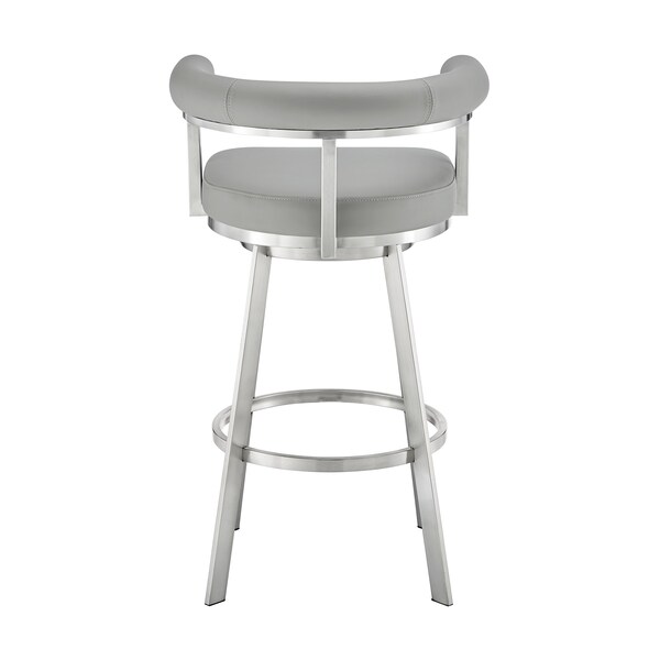 Armen Living Nolagam Swivel Bar Stool in Brushed Stainless Steel with Light Gray Faux Leather - 840254335677
