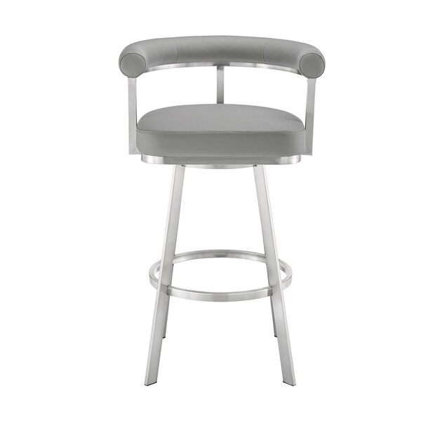 Armen Living Nolagam Swivel Bar Stool in Brushed Stainless Steel with Light Gray Faux Leather - 840254335677
