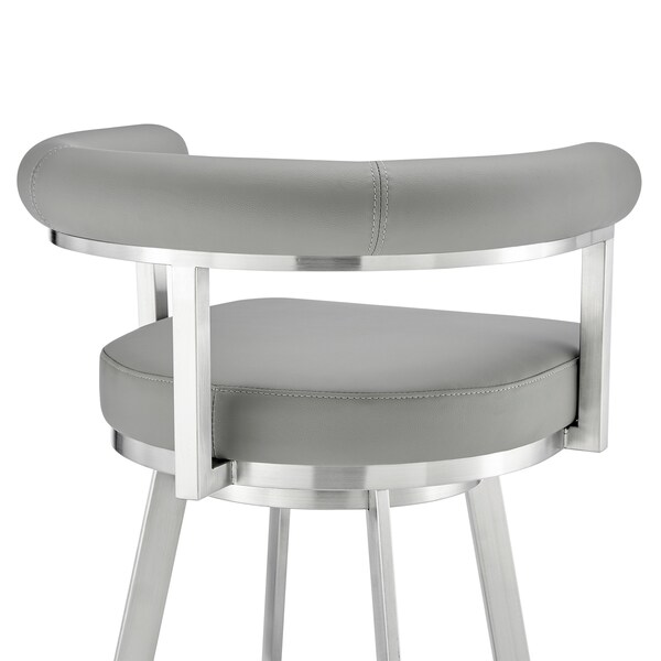 Armen Living Nolagam Swivel Bar Stool in Brushed Stainless Steel with Light Gray Faux Leather - 840254335677