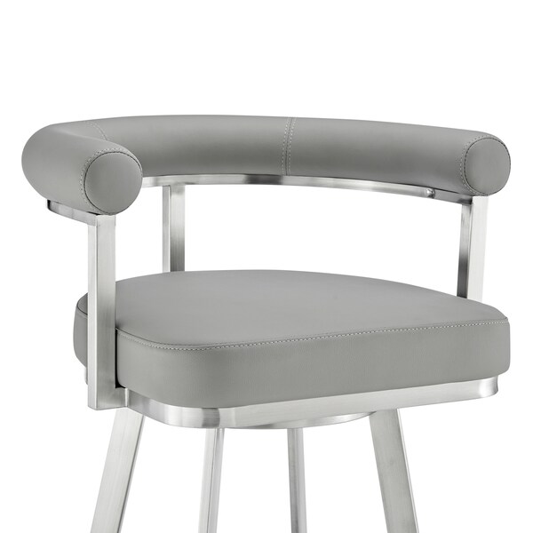 Armen Living Nolagam Swivel Bar Stool in Brushed Stainless Steel with Light Gray Faux Leather - 840254335677