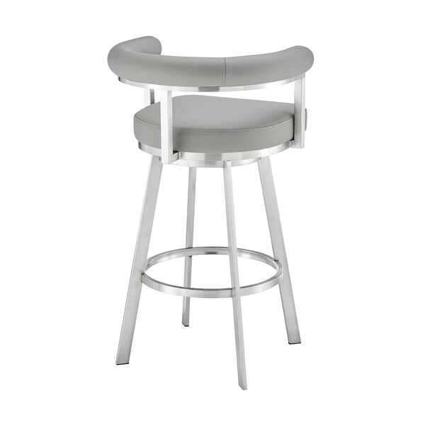 Armen Living Nolagam Swivel Bar Stool in Brushed Stainless Steel with Light Gray Faux Leather - 840254335677