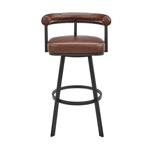 Armen Living Nolagam Swivel Bar Stool in Black Metal with Brown Faux Leather - 840254335639