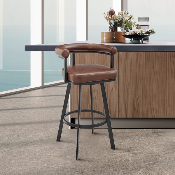Armen Living Nolagam Swivel Bar Stool in Black Metal with Brown Faux Leather - 840254335639