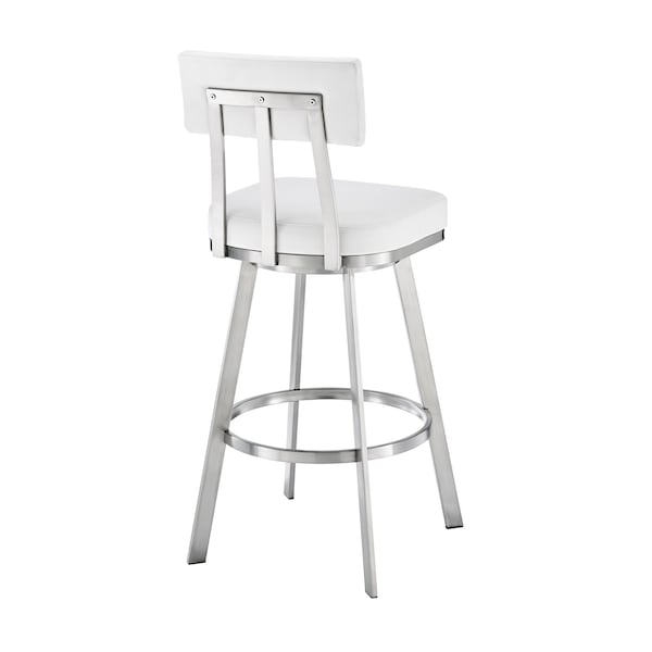 Armen Living Jinab Swivel Bar Stool in Brushed Stainless Steel with White Faux Leather - 840254335318