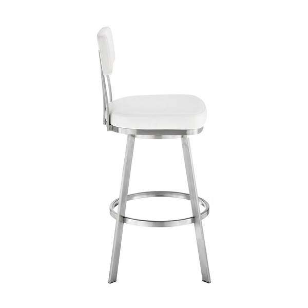 Armen Living Jinab Swivel Bar Stool in Brushed Stainless Steel with White Faux Leather - 840254335318