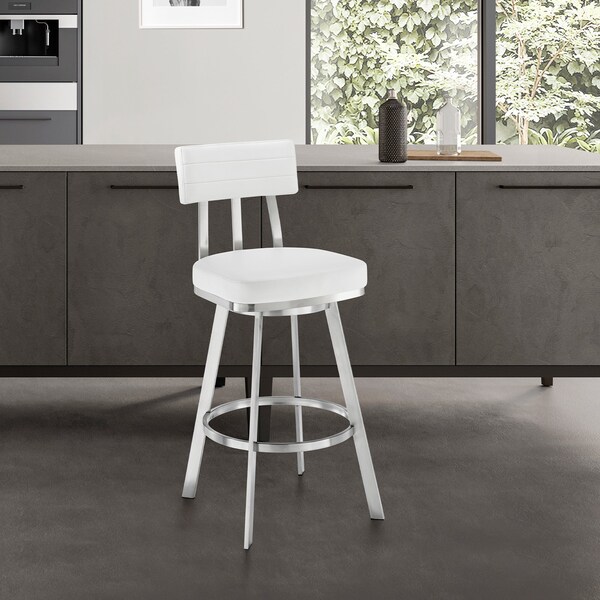 Armen Living Jinab Swivel Bar Stool in Brushed Stainless Steel with White Faux Leather - 840254335318