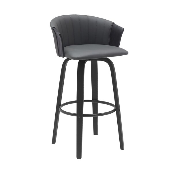 Armen Living Diana 30in Swivel Black Wood Bar Stool in Gray Faux Leather - LCDIBABLKGRY30