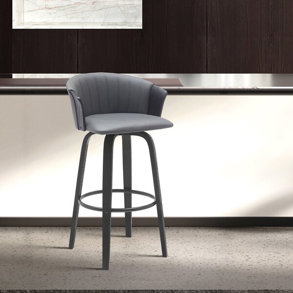 Armen Living Diana 30in Swivel Black Wood Bar Stool in Gray Faux Leather - LCDIBABLKGRY30