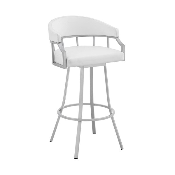Seatsolutions 30 in. Valerie Swivel White Faux Leather & Silver Metal Bar Stool - SE2758137