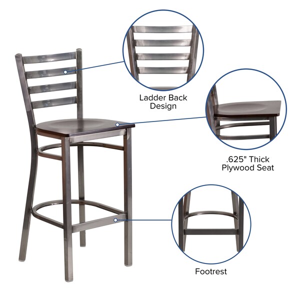 Flash Furniture Barstool, Ladder Back, Clr w/Walnut Seat - XU-DG697BLAD-CLR-BAR-WALW-GG