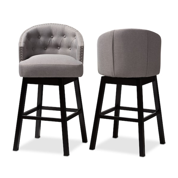 Baxton Studio Theron Gray Upholstered Wood Swivel Bar Stool, PK2 - 152-9115