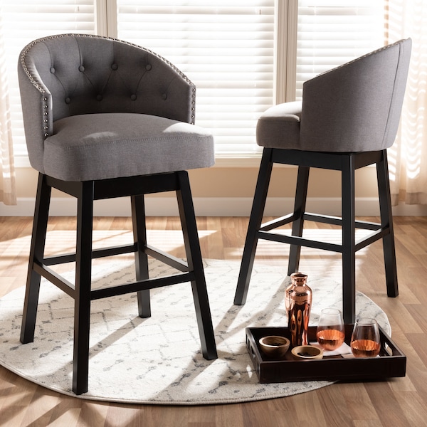 Baxton Studio Theron Gray Upholstered Wood Swivel Bar Stool, PK2 - 152-9115