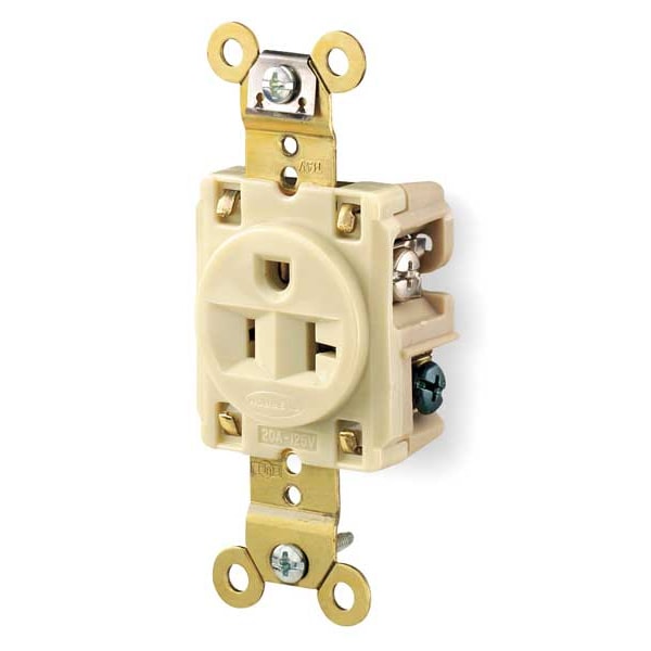Hubbell Receptacle, 20 A Amps, 125V AC, Flush Mount, Single Outlet, 5-20R, Ivory - HBL5361I