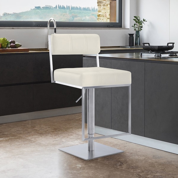 Armen Living Michele Swivel Adjustable Height Off-White Faux Leather and Brushed Stainless Steel Bar Stool - LCMISWBABSWH