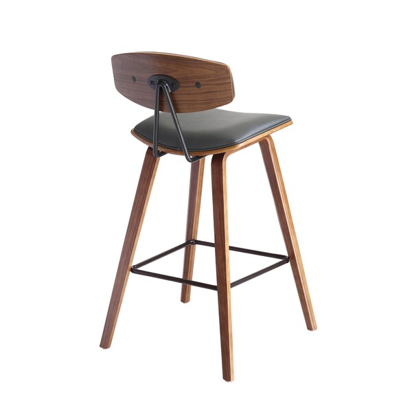 Armen Living Fox 28.5" Bar Height Gray Faux Leather and Walnut Wood Mid-Century Modern Bar Stool - LCFOBAWAGR30