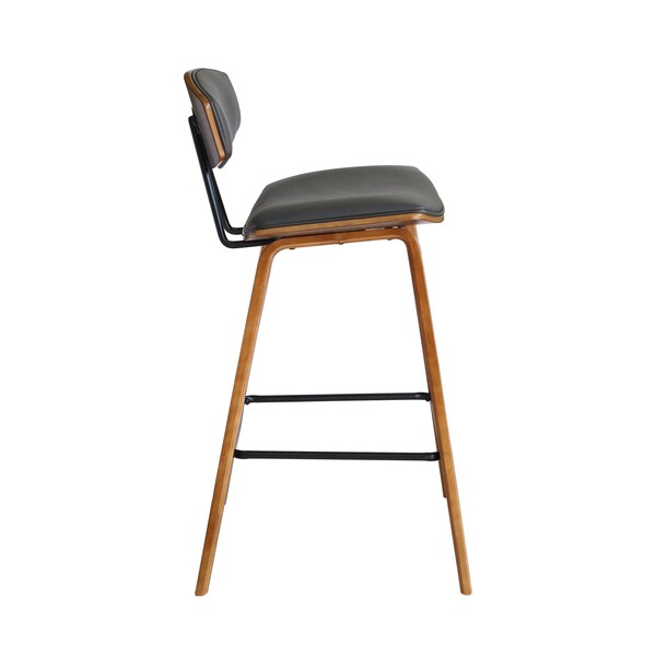 Armen Living Fox 28.5" Bar Height Gray Faux Leather and Walnut Wood Mid-Century Modern Bar Stool - LCFOBAWAGR30