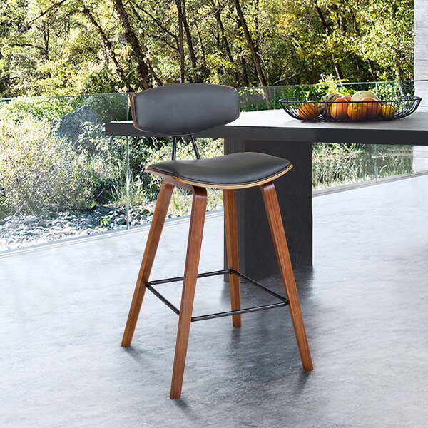 Armen Living Fox 28.5" Bar Height Gray Faux Leather and Walnut Wood Mid-Century Modern Bar Stool - LCFOBAWAGR30
