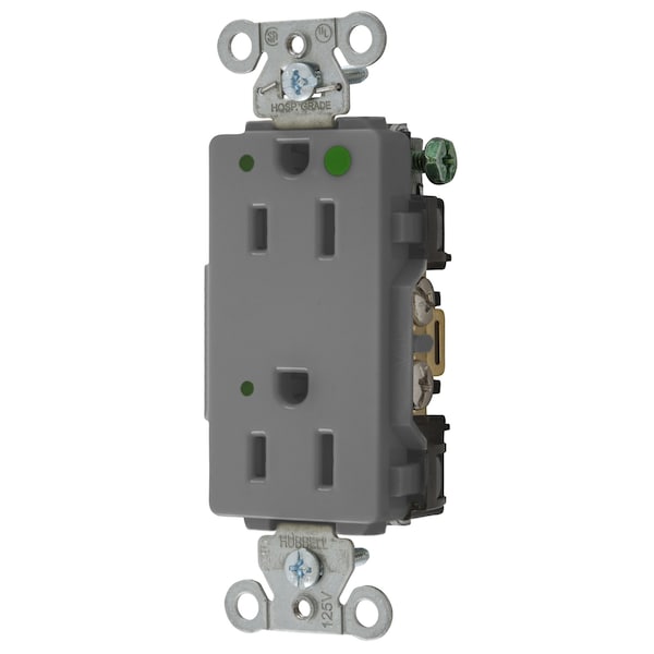 Hubbell Wiring Device-Kellems Straight Blade Devices, Decorator Duplex Receptacle, Hospital Grade, Hubbell-Pro, LED Indicator, 15A 125V, 2-Pole 3-Wire Grounding, 5-15R, Gray - 2172GYL