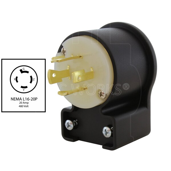 Ac Works NEMA L16-20P 3-Phase 20A 480V 4-Prong Elbow Locking Male Plug with UL, C-UL Approval - ASEL1620P