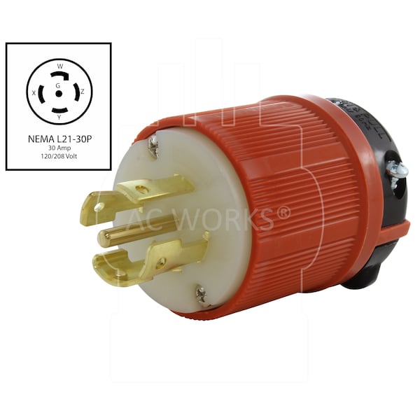 Ac Works NEMA L21-30P 30A 3-Phase 120/208V 3PY, 5-Wire Locking Male UL, C-UL Approval in Orange - ASL2130P