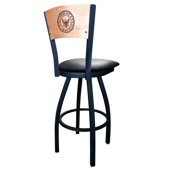 Holland Bar Stool Co 30" Blk Wrinkle U.S. Navy Swivel Bar Stool, Laser Engraved Back - L03830BWMEDMPLANAVYBLKVINYL