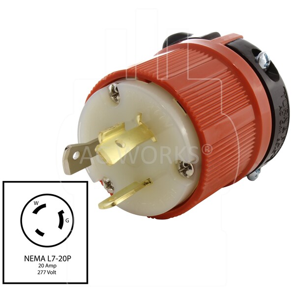 Ac Works NEMA L7-20P 20A 277V 3-Prong Locking Male Plug with UL, C-UL Approval in Orange - ASL720P