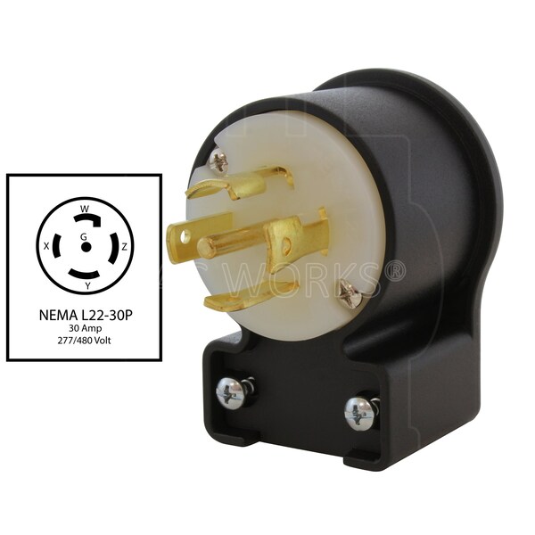 Ac Works NEMA L22-30P 30A 3-Phase Y 277/480V Elbow 5-Prong Locking Male Plug with UL, C-UL Approval - ASEL2230P