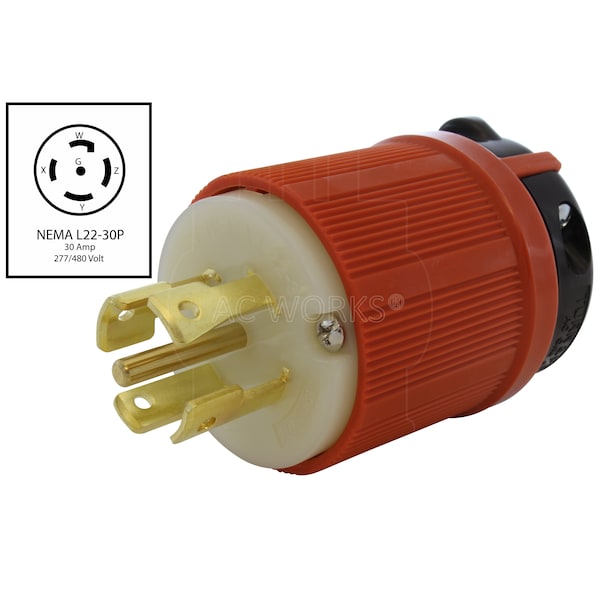 Ac Works NEMA L22-30P 30A 3-Phase Y 277/480V 5-Prong Locking Male Plug with UL, C-UL Approval in Orange - ASL2230P