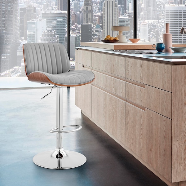 Armen Living Brock Adjustable Gray Faux Leather and Walnut Wood with Chrome Finish Bar Stool - LCBCBAWAGR