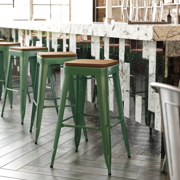 Flash Furniture 30" Green Metal Stool-Teak Poly Seat - CH-31320-30-GN-PL2T-GG