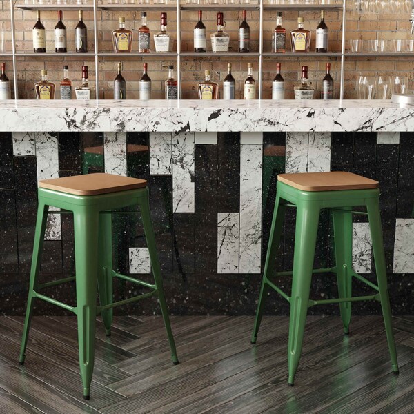 Flash Furniture 30" Green Metal Stool-Teak Poly Seat - CH-31320-30-GN-PL2T-GG