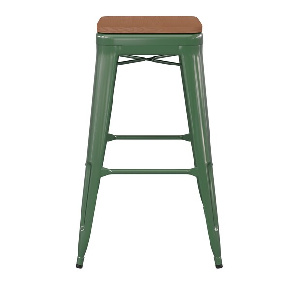 Flash Furniture 30" Green Metal Stool-Teak Poly Seat - CH-31320-30-GN-PL2T-GG