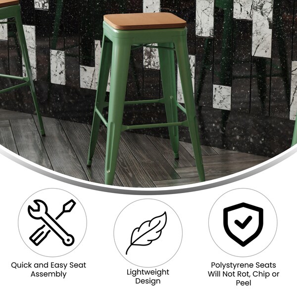 Flash Furniture 30" Green Metal Stool-Teak Poly Seat - CH-31320-30-GN-PL2T-GG