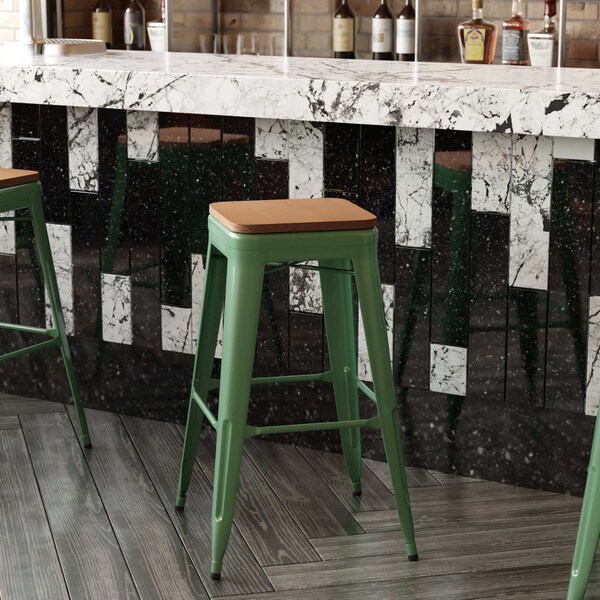 Flash Furniture 30" Green Metal Stool-Teak Poly Seat - CH-31320-30-GN-PL2T-GG