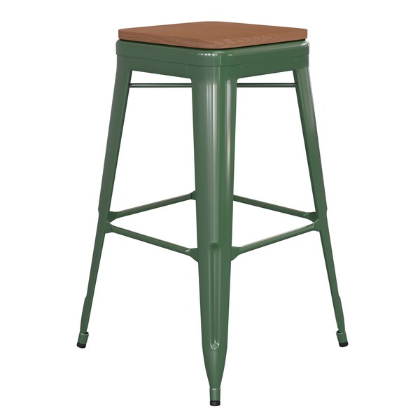 Flash Furniture 30" Green Metal Stool-Teak Poly Seat - CH-31320-30-GN-PL2T-GG