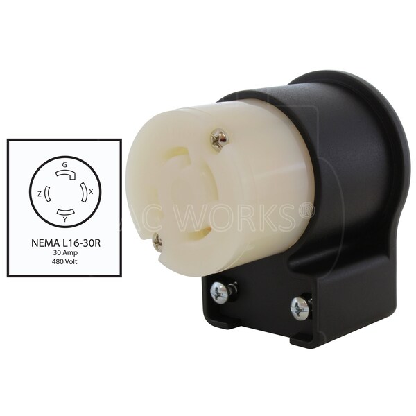 Ac Works NEMA L16-30R 3-Phase 30A 480V Elbow 4-Prong Locking Female Connector with UL, C-UL Approval - ASEL1630R