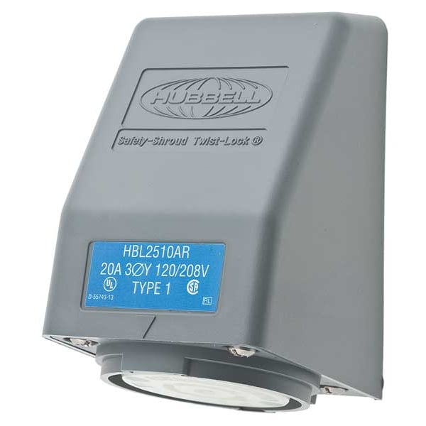 Hubbell 20A Angle Twist-Lock Receptacle 4P 5W 120/208VAC - HBL2510AR