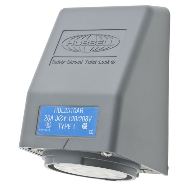 Hubbell 20A Angle Twist-Lock Receptacle 4P 5W 120/208VAC - HBL2510AR