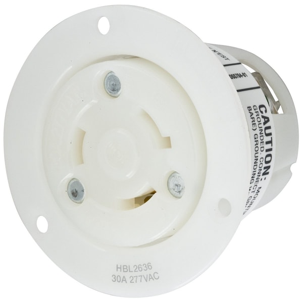 Hubbell Wiring Device-Kellems Locking Devices, Twist-Lock®, Industrial, Flanged Receptacle, 30A 277V AC, 2-Pole 3-Wire Grounding, L7-30R, Screw Terminal, White - HBL2636