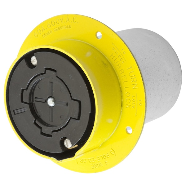 Hubbell Wiring Device-Kellems Locking Devices, Hubbellock, Industrial, Flanged Receptacle, 60A 600V AC, 3-Pole 4-Wire Grounding, Non NEMA, Screw Terminal, Yellow - HBL26421