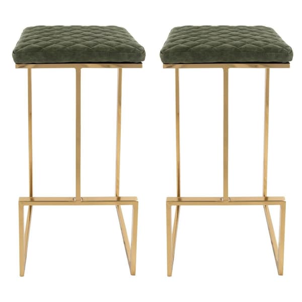 Payasadas Quincy Leather Bar Stools with Gold Metal Frame Olive Green - Set of 2 - PA3034492