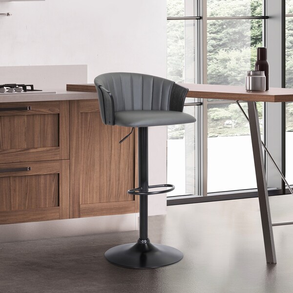 Armen Living Lydia Adjustable Black Wood Bar Stool in Gray Faux Leather with Black Metal - LCLYBABLKGRY