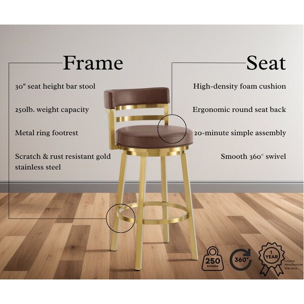 Armen Living Madrid 30in Swivel Bar Stool in Gold Brushed Stainless Steel with Vintage Coffee Faux Leather - LCMASWBABGLVCO30