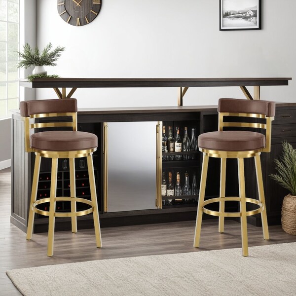 Armen Living Madrid 30in Swivel Bar Stool in Gold Brushed Stainless Steel with Vintage Coffee Faux Leather - LCMASWBABGLVCO30