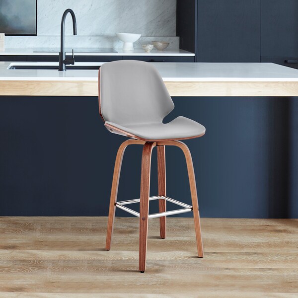 Armen Living Arabela 26" Gray Faux Leather and Walnut Wood Swivel Bar Stool - LCAABAWAGR26