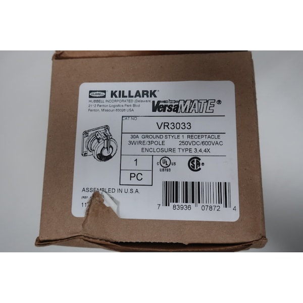 Killark Versa Mate 3P 3W 30A Amp 600V-Ac Receptacle - VR3033