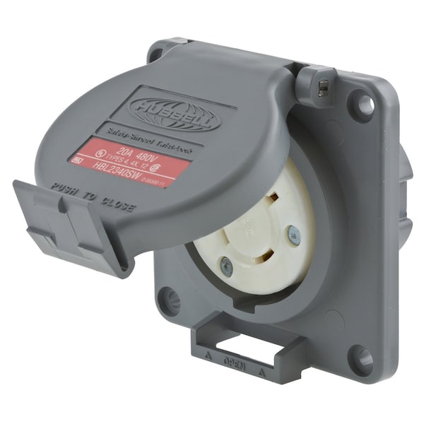 Hubbell Wiring Device-Kellems Locking Devices, Twist-Lock®, 20A 480V AC, NEMA L8-20R, Watertight Safety-Shroud® Valox® housing and flange. - HBL2340SW