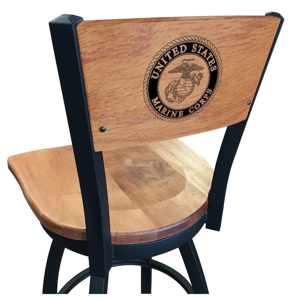 Holland Bar Stool Co 25" Blk Wrinkle U.S. Marines Swivel Bar Stool, Laser Engraved Back - L03825BWMEDMPLAMARINEMEDMPL