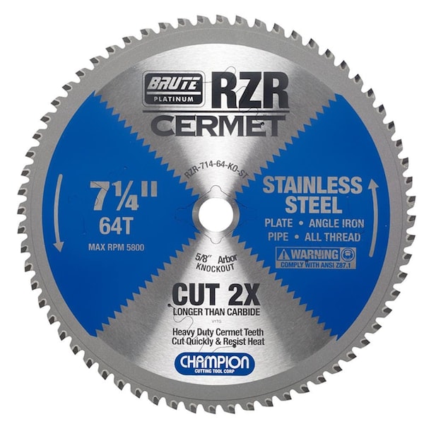 Brute Platinum 7-1/4in Brute RZR Cermet Tipped Circular Saw Blades for Stainless Steel, 64 Teeth, 5/8in KO Arbor - CHA RZR-714-64-KO-ST