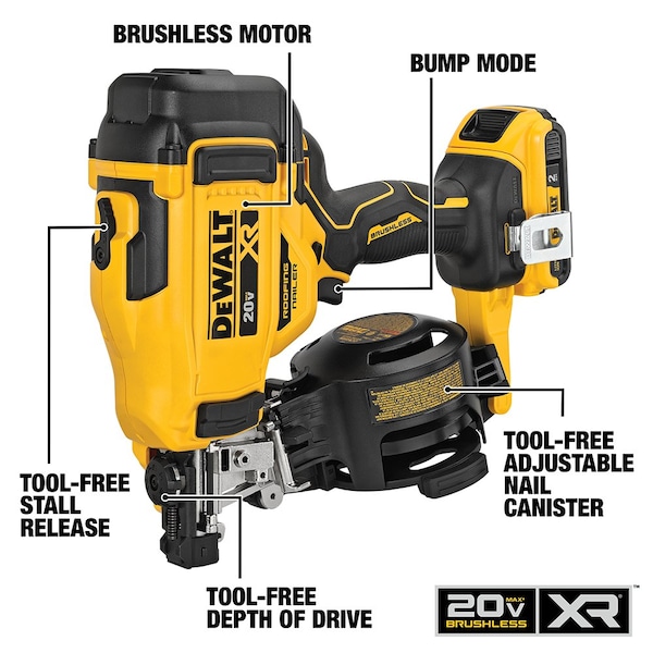 Dewalt 20V MAX* 15 degree Cordless Coil Roofing Nailer Kit - DCN45RND1